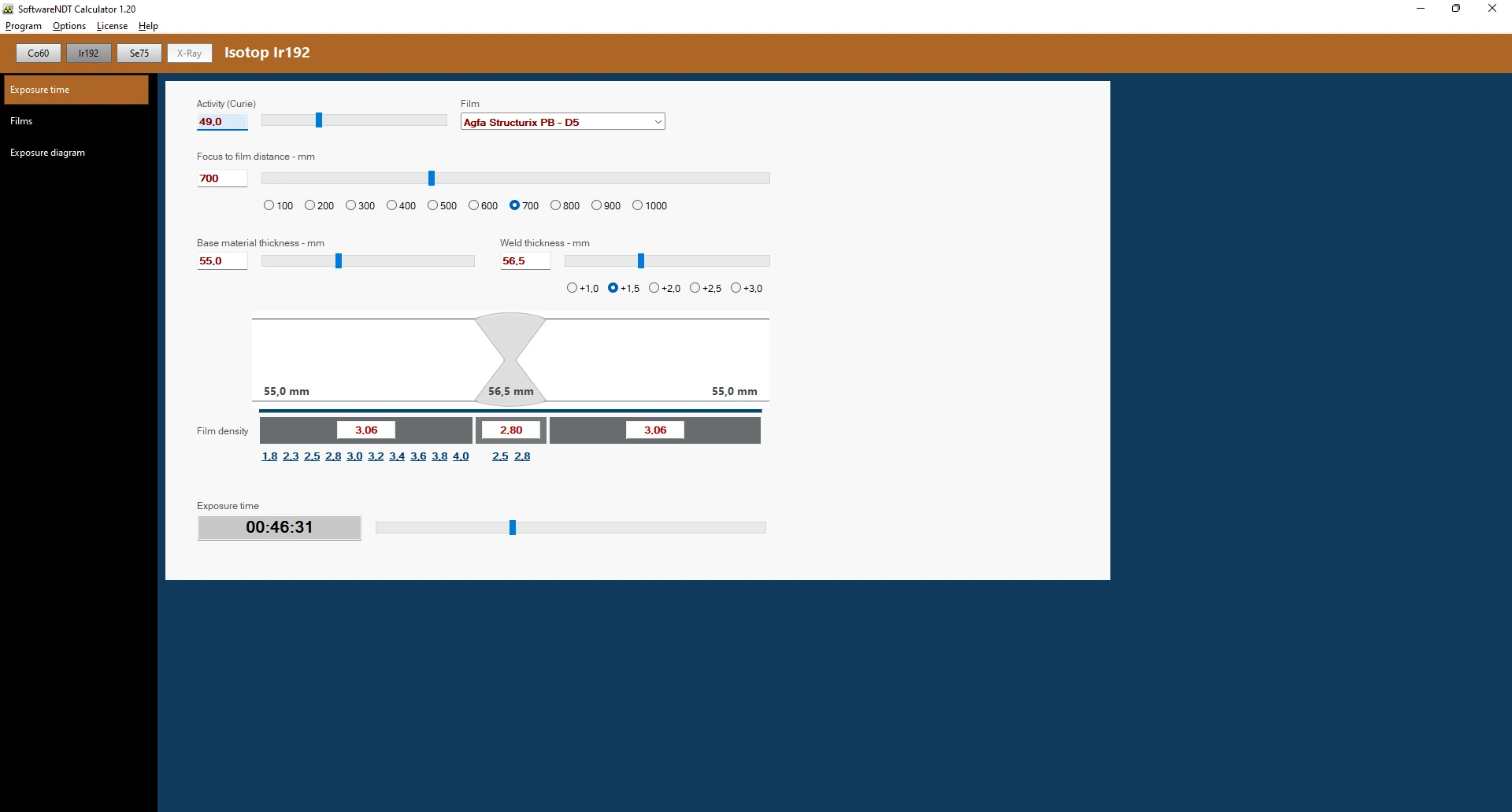 User interface for radiation calculations Ir192
