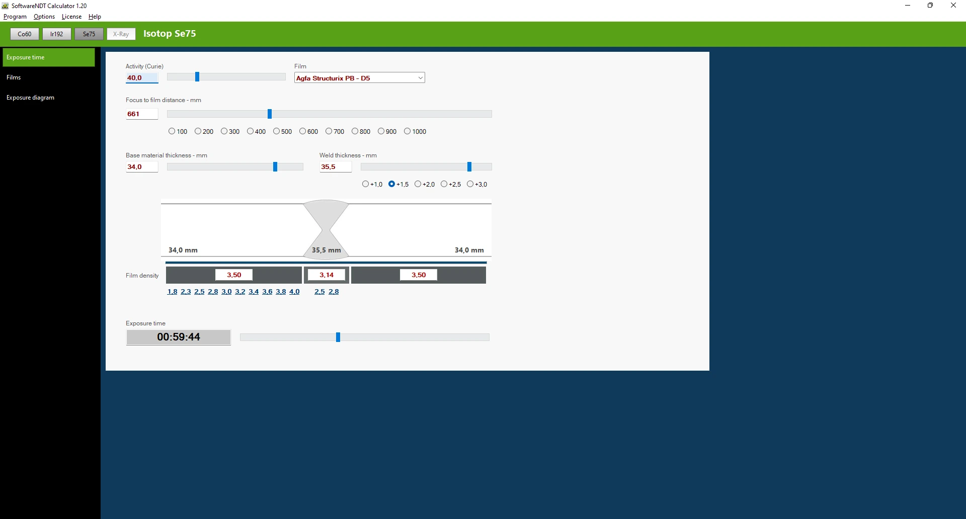 User interface for NDT calculations Se75