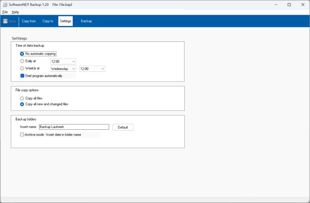 Backup settings interface with options