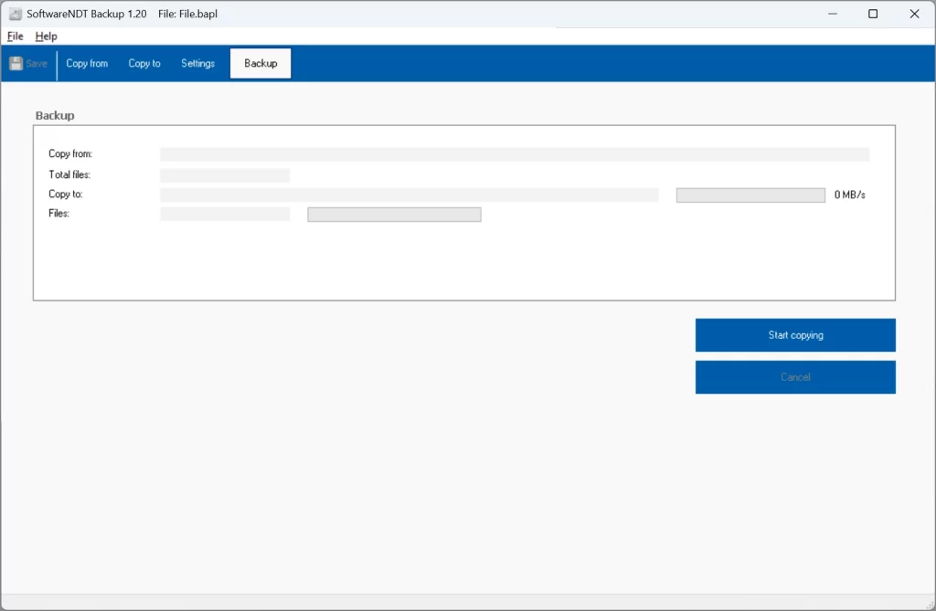 Backup software interface with options