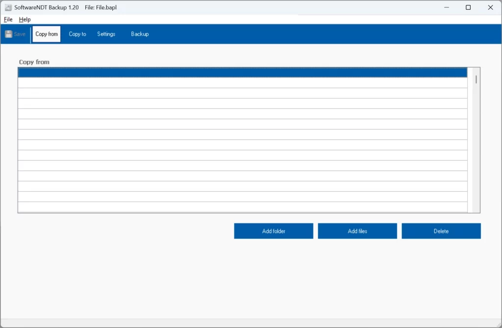 Backup software interface with options