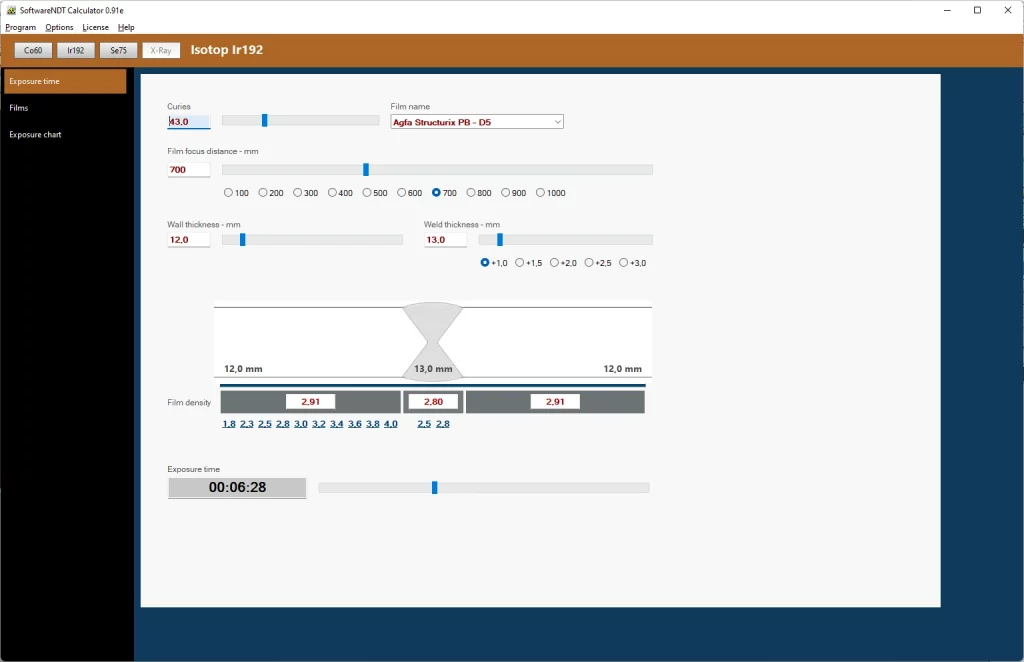 Exposure calculator interface with sliders