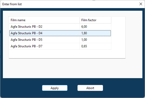 Film name and factor selection interface